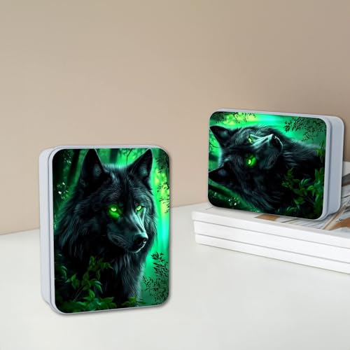 Image of Metal Tin Box with Lid,Multi-functional Storage Box Can Store Tea Biscuits Game Cards, Playing & Tarot Cards-Comes with 4 Magnetic Cord Clips,Wolf with Glowing Green Eyes