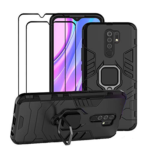 FaDream for Xiaomi Redmi 9 Case, Rugged Shockproof Dual Layer Heavy Duty Protective Kickstand Cover with [2 Pack] Tempered Glass Screen Protector (Black)