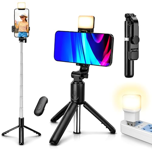 Image of Selfie Stick Tripod with Light, Tripod Stand for Phone with Light, 3 in 1 Design Selfie Stand, Rechargeable LED Light with Two Brightness Levels with Bluetooth Remote
