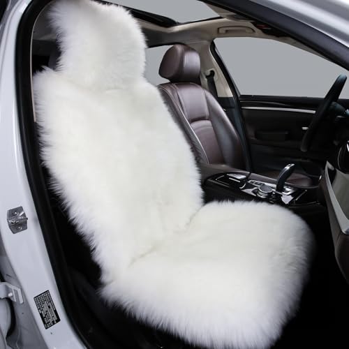 AOGELAN Fluffy Sheepskin Car Seat Cover, Fuzzy Long Wool Front Auto Cushion, Universal Fits Most Vehicle SUV Truck Minivan, Airbag Compatible (Ivory)