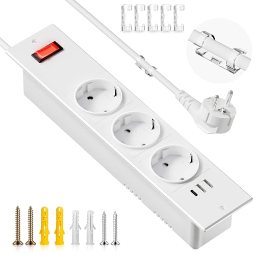 Prise escamotable avec USB, 3 Prises encastrables avec USB C et 2 USB A, Prise de Table avec Interrupteur Principal, multiprise avec 3 USB, câble de 1,5 m, Blanc, avec 5 Serre-câbles pour Cuisine,