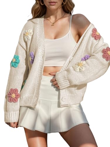 ebossy Women's Ribbed Knit Cardigans Embroidery Aesthetic Pretty Flowers Applique Button Up Sweater Coat