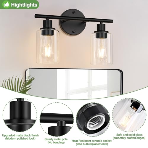 Image of Zarbitta 2-Light Bathroom Light Fixtures, Black Modern Vanity Lights with Clear Glass Shade, Bathroom Wall Lamp for Mirror Kitchen Living Room Hallway Cabinet Porch