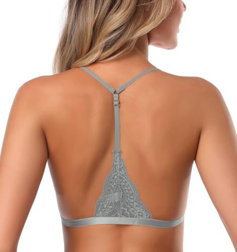 Image of SHEKINI Women's Embroidered Triangle Bra Front Closure Plunge Wireless Lightly Lined Lace Bralette Top