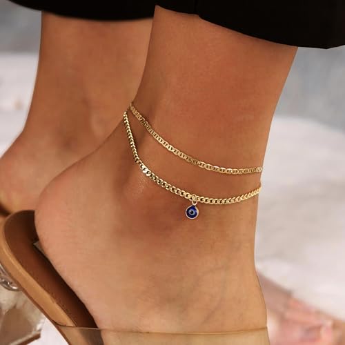 Image of Ritach Ankle Bracelets for Women - Silver /Gold Plated Stainless Steel Anklets for Women Waterproof Layered Cuban Link Figaro Chain Heart Anklets Set Summer Beach Jewelry Gifts
