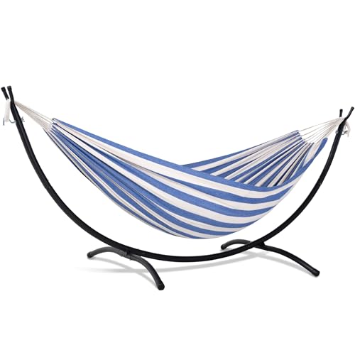Image of SUNCREAT Backyard Hammock with Frame, Hammock Frames for Outside, 475 lbs Capacity, Blue & White Stripes