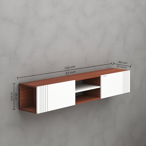 Image of Anikaa Nimbus Wall Mount TV Unit Cabinet | Modern Entertainment Center with Storage, Drawers, Shelves & Soft-Close Doors | Stylish Floating TV Stand for Up to 50 inch TVs - Walnut /White (DIY Installation)