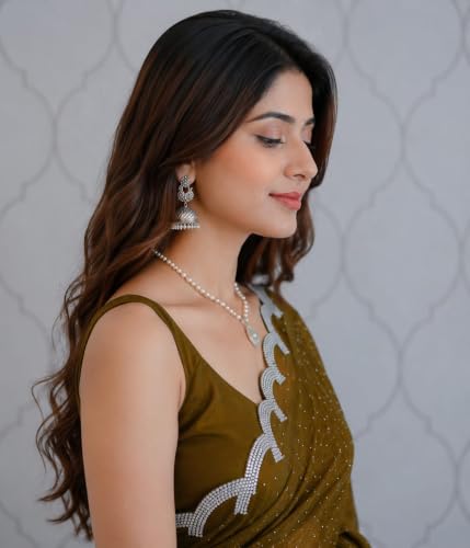 Image of Chiffon Satin Saree for Women with C Pallu PP Siroski Diamond Work, Cutwork Border & Matching Blouse Saree for Wedding, Festive and Traditional Occasions