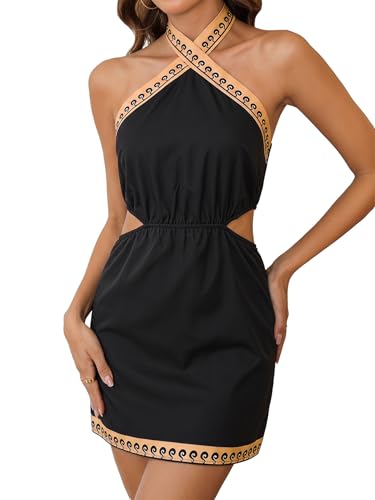 Image of MakeMeChic Women's Boho Mini Dress Summer Beach Vacation Halter Dresses Floral Sundress