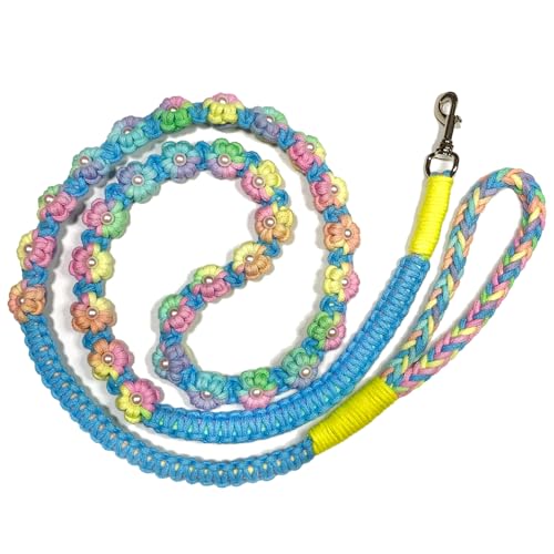 Handmade Braided Dog Leash with Floral Design, Soft Cotton Rope