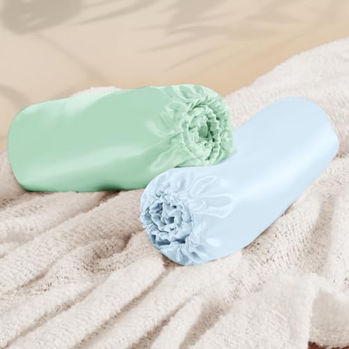 Image of Entisn 28x52 Satin Fitted Crib Sheet 2 Pack, Mint Green and Baby Blue | 8-Inch Deep Pocket Snug Fit, Silky Satin Protects Hair And Skin, No-Slip Reinforced Edges, Machine Washable Fade-Resistant