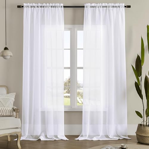 Image of MYSTIC-HOME White Sheer Curtains 84 Inches Long, Rod Pocket Sheer Drapes for Living Room, Bedroom, 2 Panels, 52 inchx84 inch, Semi Crinkle Voile Window Treatments for Yard, Patio, Villa, Parlor