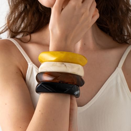 4Pcs/3Pcs Chunky Bangles Bracelets for Women, Colorful Square Acrylic Resin Bangle Bracelets Wide Geometric Irregular Wristbands Women Jewelry Set3