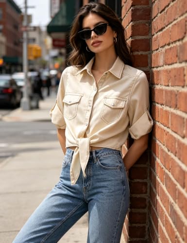 Image of SeekMe Womens Modern Denim Shirts Tie Front Crop Top Chambray Jean Shirts | Button Down Knot Top, Roll Up 3 /4 Sleeve, Short Length Jean Blouse, Western Cowgirl Outfits