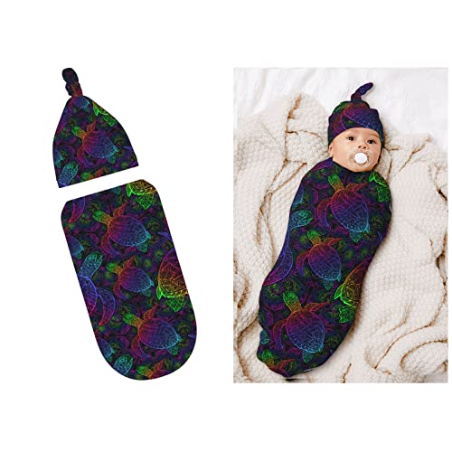 Image of Colorful Sea Turtle Newborn Swaddle Blankets Hat Sets Soft Stretchy Baby Stuff Receiving Blanket Gifts for Infant Baby Girl