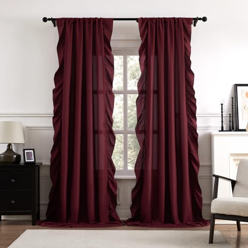 Burgundy Ruffle Curtains 84 Inches Long 2 Panels for Bedroom Living Room Rod Pocket Light Filtering Vintage Victorian Romantic Curtains for Holiday Cottage Girls Room Window Privacy Decor 52x84