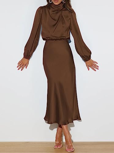 Pink Queen Women's Elegant Long Sleeve Satin Dress Mock Neck Elastic Waist Cocktail Party Wedding Guest Midi Dresses3
