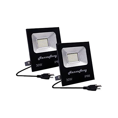 HANNAHONG 2 Pack 30W LED Flood Lights with Plug,3000lm Super Bright Security Lights,IP66 Waterproof Outdoor Work Light,6000K Daylight White Spotlight for Eave,Porch,Garage,Patio,Yard,Garden,Lawn Cover