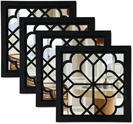 ZEXUIRU Set of 4 Wooden Rustic Square Wall Mirror Vintage Style D...