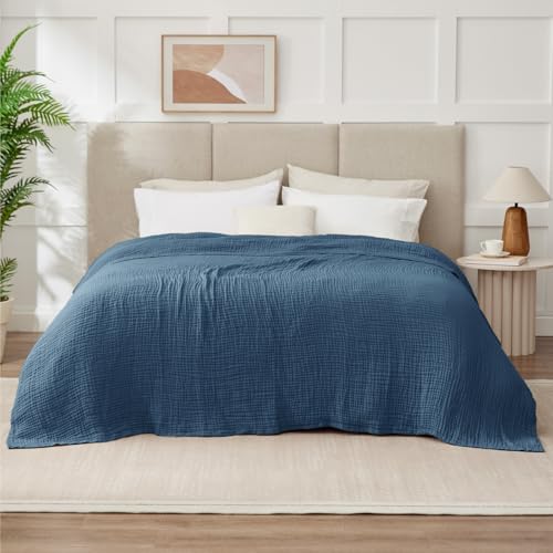 Image of 100% Cotton Muslin Blanket Queen 90 inch x 90 inch, 6 Layers Breathable and Lightweight Cotton Throw Blanket for Bed, Soft Quilt Bedspread Coverlet, Gauze Blanket for Adults All Season, Blue