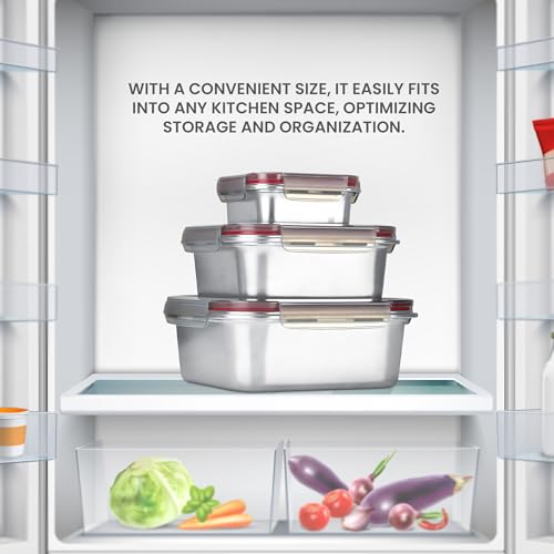 Image of MILTON Steel Lock and Store Square 850 Stainless Steel Container with four side lock plastic lid, 800 ml, Silver, Food Grade, Refrigerator Safe, Rust Resistant, BPA Free