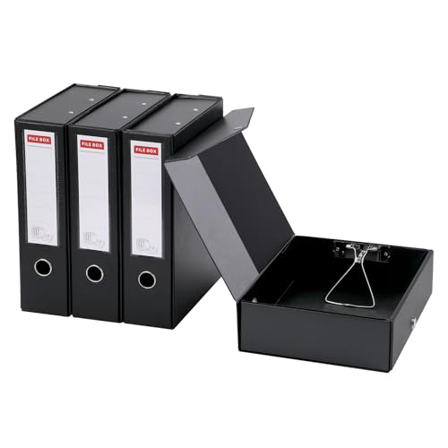 GUOKOFF Lot de 4 Boîtes de Classement A4, Dos de 88mm, Boîte de Classement A4 en Plastique avec Couvercle, Boîte de Rangement pour Bureau école (Noir)