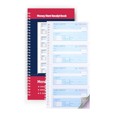 Receipt Books with Carbon Copies,Money and Rent Receipt Book,3-Part Carbonless,5.31' x 11.22',Receipt Book for Small Business,Blue,Yellow and Pink Copy,100 Sets Per Book