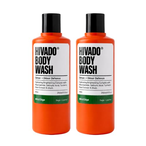 Image of HIVADO Men's De-Tan Body Wash 2x250ml | Tan Removal & Skin Brightening Shower Gel with Niacinamide & Turmeric | Controls Oil, Body Odour & Back Acne | Alum, Salicylic Acid & Lactic Acid Formula | Hydrating Cleanser | Sage & Leather Scent