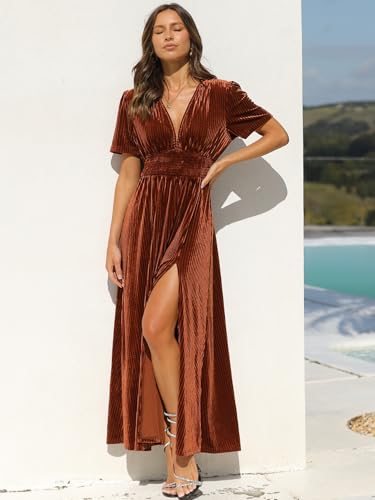 Sissyaki Women's Retro V-Neck Velvet Maxi Dress Wedding Guest Formal Party Long Dresses3
