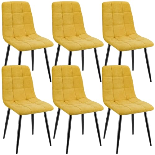 ANVOFONG Pack de 6 Sillas de Comedor, Sillas Cocina con Tela de Lino Y Patas De Metal Negro,Sillas Tapizadas,Silla de Dormitorio,Silla de SalóN,Sillas Comedor Modernas-Amarillo