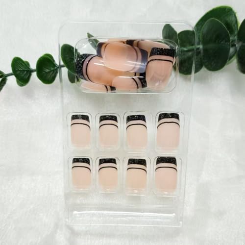 Image of Black French Tip Press on Nails Medium Square Fake Nails with Design Black Line False Nail Glitter Glue on Nail Glossy Full Cover Artificial Acrylic Bling Stick on Nail for Women NBNTGH Manicure 24pcs