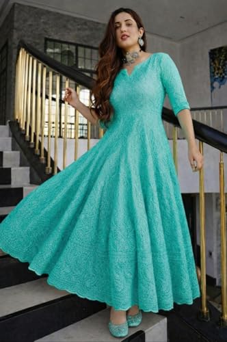 Image of LookMark Women's Chikankari Embroidered Ethnic Gown, Ankle Length Flared Dress, 3 /4 Sleeves, Traditional Indian Wear