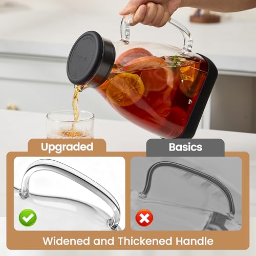 Image of Glass Pitcher with Lid, 68 oz(1 /2 Gallon), Hot /Cold Glass Water Jug with Silicone Lid, Borosilicate Glass Carafe Wide Mouth Juice and Iced Tea Beverage Serveware (Flat 2pcs)