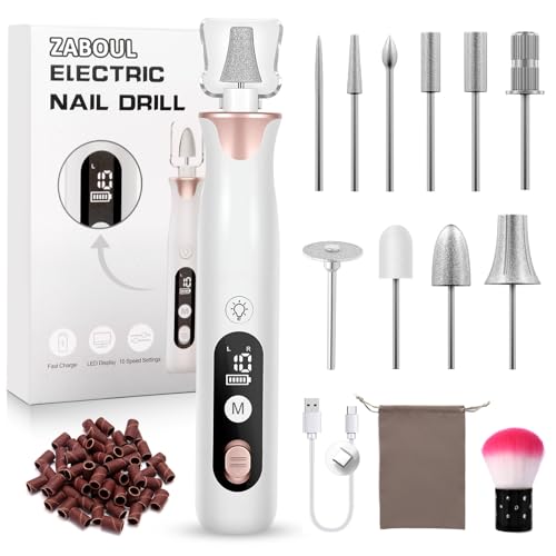 Electric Nail Drill Kit, Professional Cordless Electric Nail File for Acrylic Gel Dip Powder Nails Portable Nail Machine Kit Manicure Pedicure Tools Set with Nail Drill Bits Sanding Bands (White)