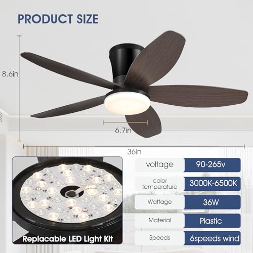 Ceiling Fans with Lights-36 Low Profile Ceiling Fan with Light and Remote/APP Control,Flush Mount,DC Reversible,LED Dimmable Modern Ceiling Fans for Bedroom,Indoor/Outdoor Patio Use(Brown) by Surtime - Used condition - Image 6