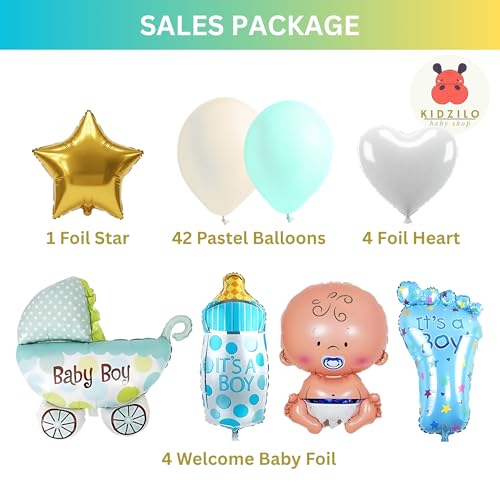 Image of 57 Pcs Welcome Baby Boy Decoration Kit | Balloons, Banner, Curtains, Foils, Stars, Hearts, Ribbon & Confetti for Baby Shower & Newborn Celebration Set 08