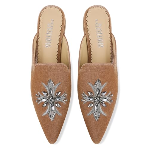 Embroidered Mules for Women Pointed Toe Bejeweled Backless Velvet Flats Slides with Cruciate Flower Pattern