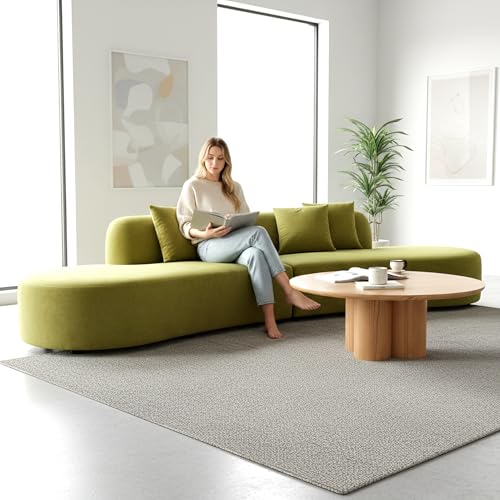 Image of Container Furniture Direct Belmont 132 inch Curved Sofa with Throw Pillows, 6 Seater Luxury Velvet Couch with Half Moon Design and High-Density Foam, Ideal for Living Room, Office & Apartment, Olive Green