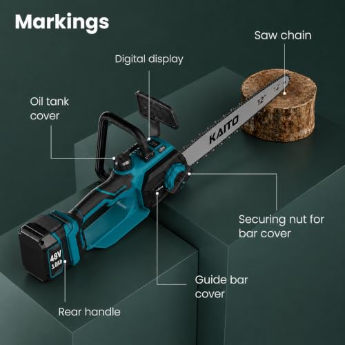 Image of KAITO 48 V Cordless Chainsaw Machine | Brushless Motor | 12-Inch Guide Bar | 8300 RPM | 2 x 3.0 Ah Batteries | Tree Cutter Tool | Wood Cutting Machine for Home | Wood Cutter Tool Machine