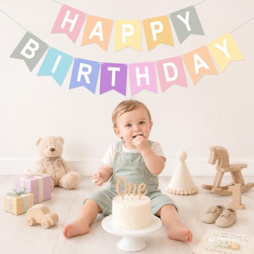 Image of Happy Birthday Banner Party Banner NO DIY Birthday Sign Pastel