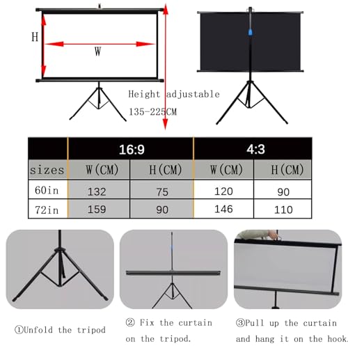 Pantalla de proyección portátil de 60 pulgadas 4:3/16:9 con trípode plegable, pantalla HD 4K ajustable para interiores y exteriores miniatura 7