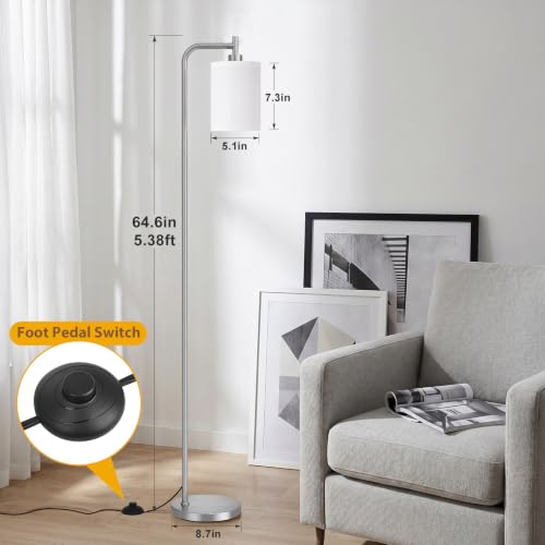 Image of Ziisee 64 inch Floor Lamp for Living Room with Remote Control, White Shade with Brushed Nickel Pole, Dimmable Tall Lamps for Bedroom Office Corner, 9W LED Bulb Included