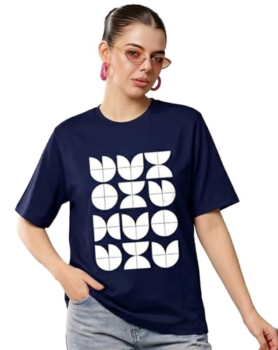 Image of Women's Typography Round Neck Cotton-Blend T-Shirts, Oversized Drop Shoulder Boho Style T-Shirt