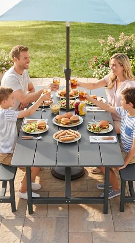 Image of Amopatio HDPE Patio Outdoor Dining Table for 6 All Weather 67'' Rectangular Table with Umbrella Hole for Porch Deck Garden Backyard Poolside