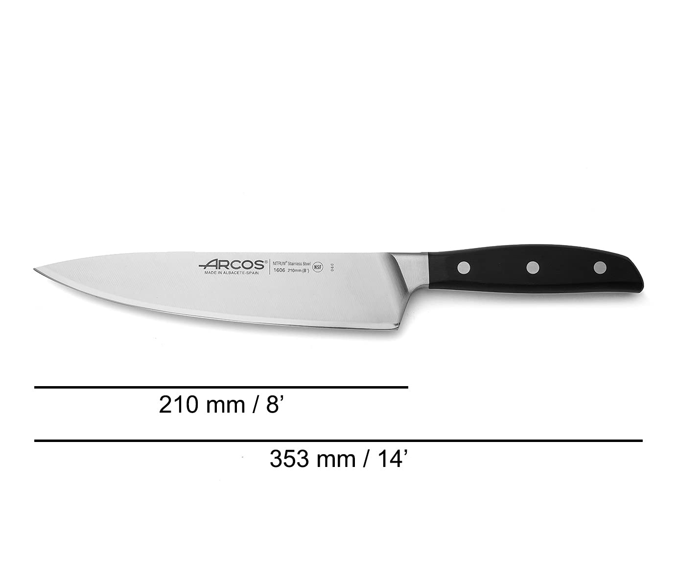 ARCOS Nóż szefa kuchni 20 cm stal nierdzewna. Profesjonalny nóż kuchenny do gotowania. Ergonomiczny uchwyt z polioksymetylenu i ostrze 210 mm. Seria Manhattan. Kolor czarny