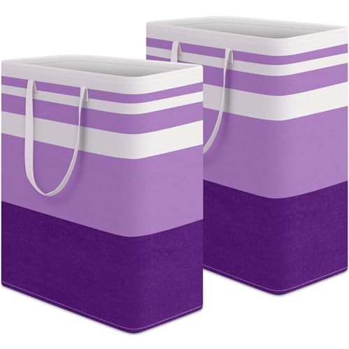 HomeHacks 2 Pack Large Laundry Baskets, Waterproof, Freestanding Laundry Hampers, Collapsible Clothes Hamper with Reinforced Handles in Laundry, College Dorm, Bathroom, Bedroom (Purple, 125Lx2)