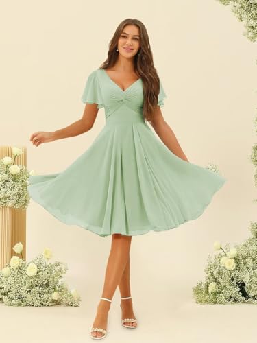 Miao Duo Women's Pleated Chiffon Flutter Sleeves Bridesmaid Dresses with Pockets V Neck Short Formal Dress YZTS2413