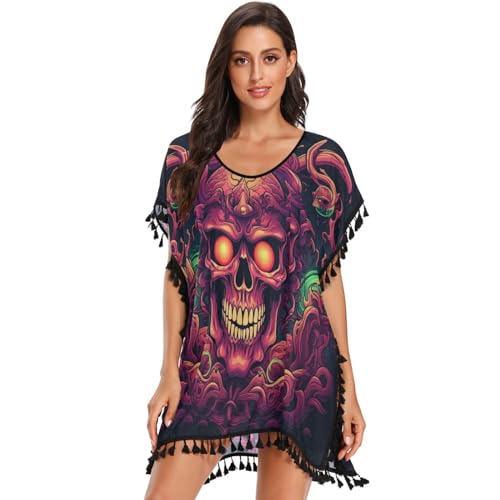 Cool Skull Abstract Art Women's Beach Cover Up Chiffon Tassel Swimwear Swimsuit Coverups for Girl