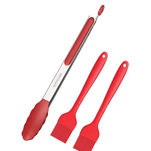 Kitchen Tongs  Silicone Baking Brush Stainless Steel Silicone Barbecue Cooking Food Tongs Heat-Resistant Pastry Brush Suitable for Cooking Eating Barbecue 1  2 Set red