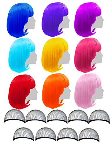 LIULIUBTY 9 Pieces Short Bob Hair Wigs 12 Straight with Flat Bangs Synthetic Fluorescence Colorful Cosplay Daily Party Costume Wigs for Women with Wig Cap